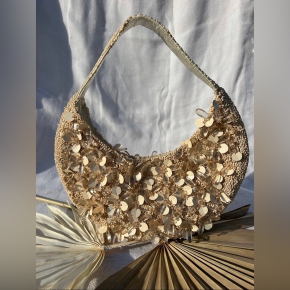 Viral Beige/Neutral Beaded Bag, Moon Shape Shoulder Bag, Handmade NWT Summer Bag - Picture 3 of 5